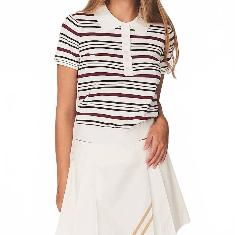 NEW THE GARMENT madison button polo shirt in white vino espresso stripe